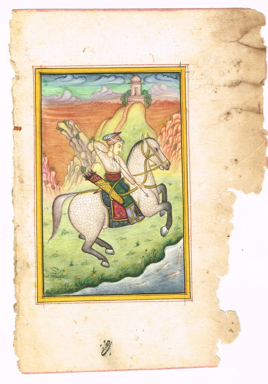 Hand Miniature Mini Painting Of A Mughal Prince Hunting The Fish 4×5.5 Inches