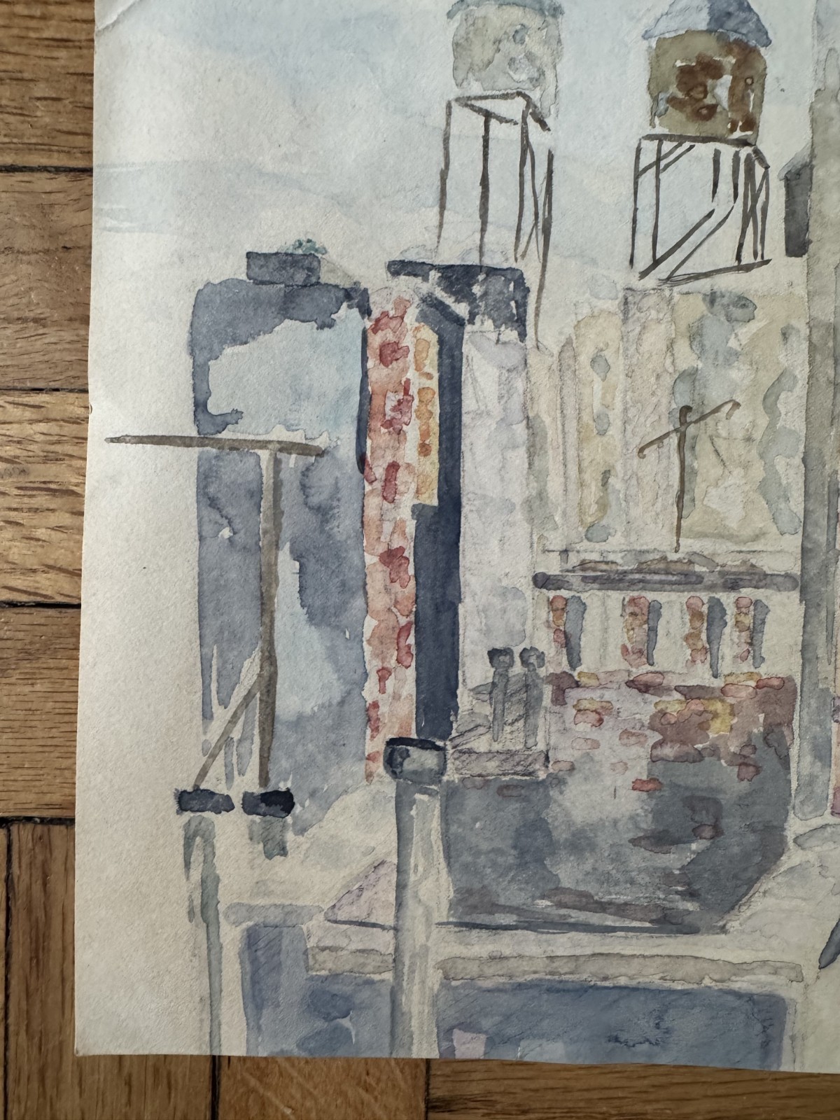 Vintage 1972 Watercolor Painting NYC Rooftops New York City Water Towers 10×11