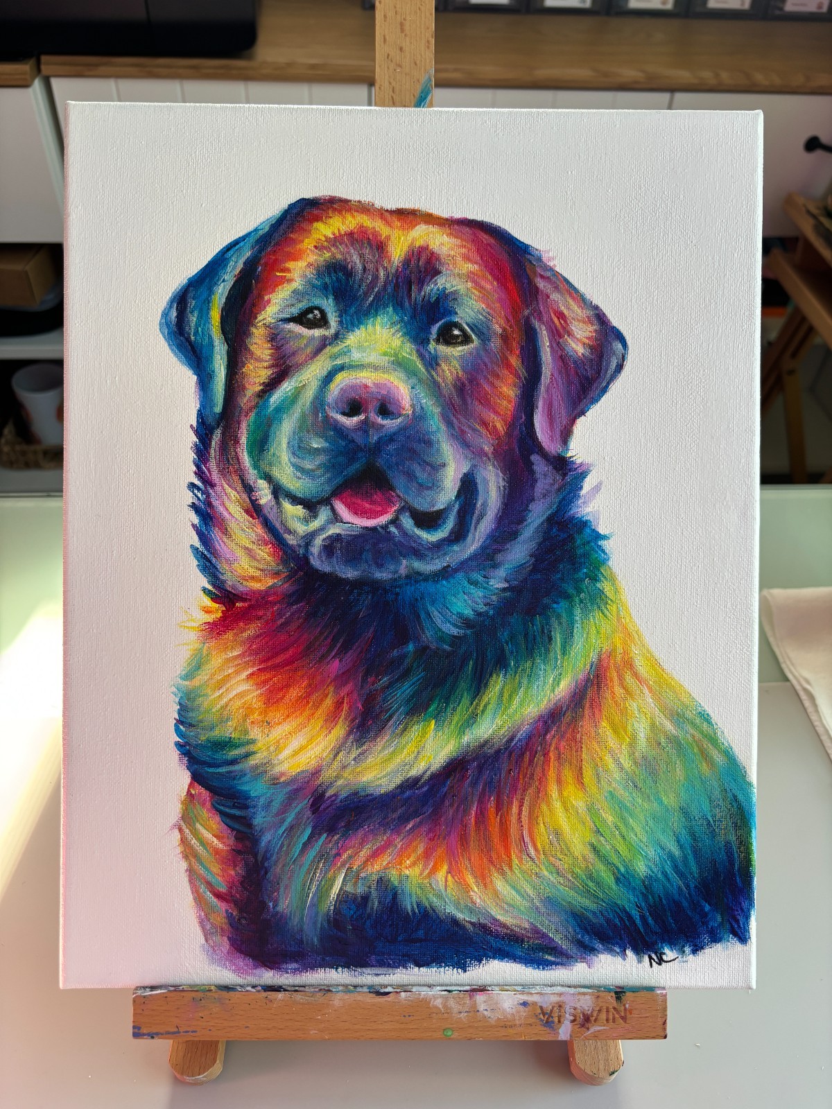 Original Art, Black Labrador Rainbow Dog, Vibrant Painting by Nikki Paintz 11×14