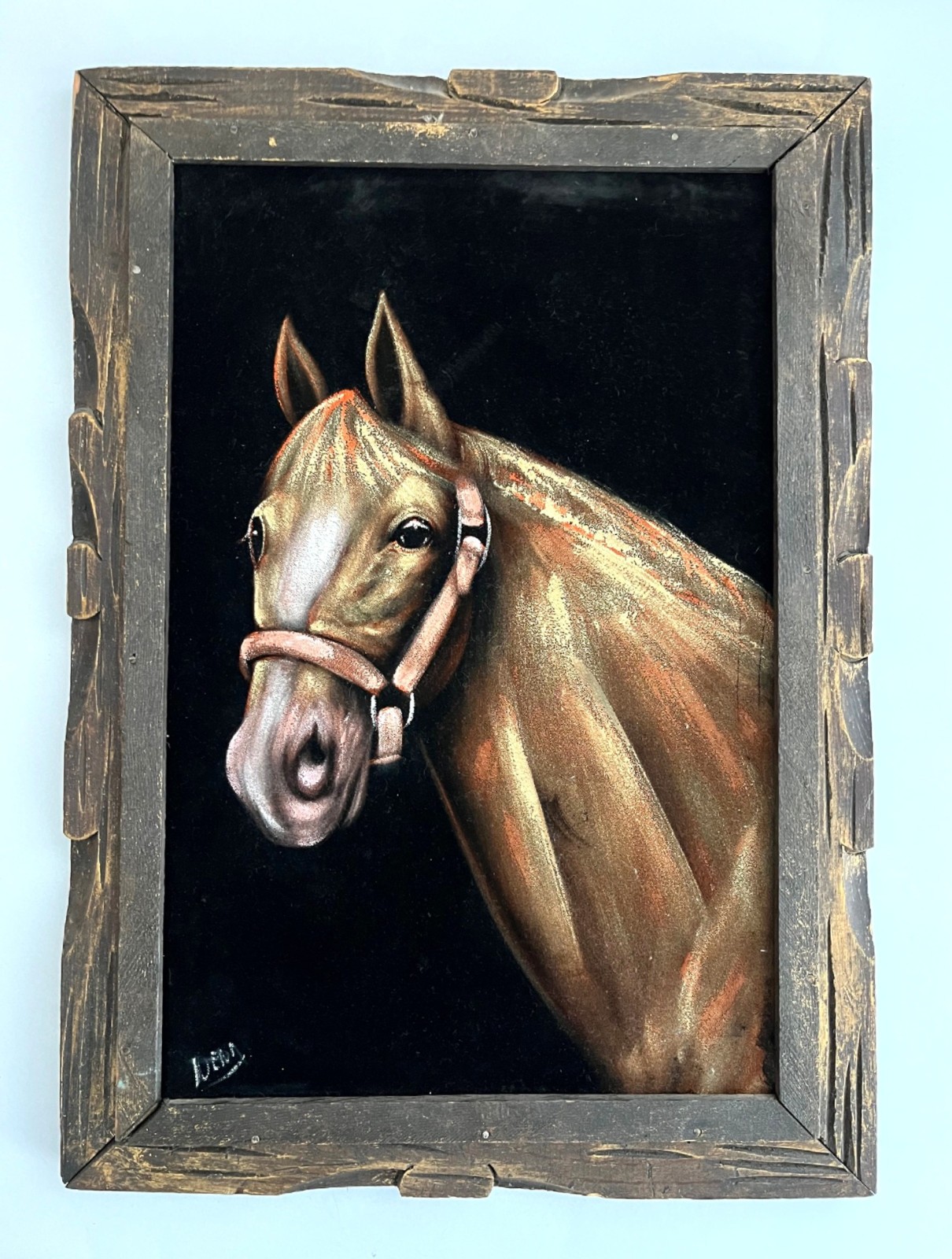 Vintage Velvet Painting of a Horse in a Carved Wooden Frame 15 x 21 x 1.5″