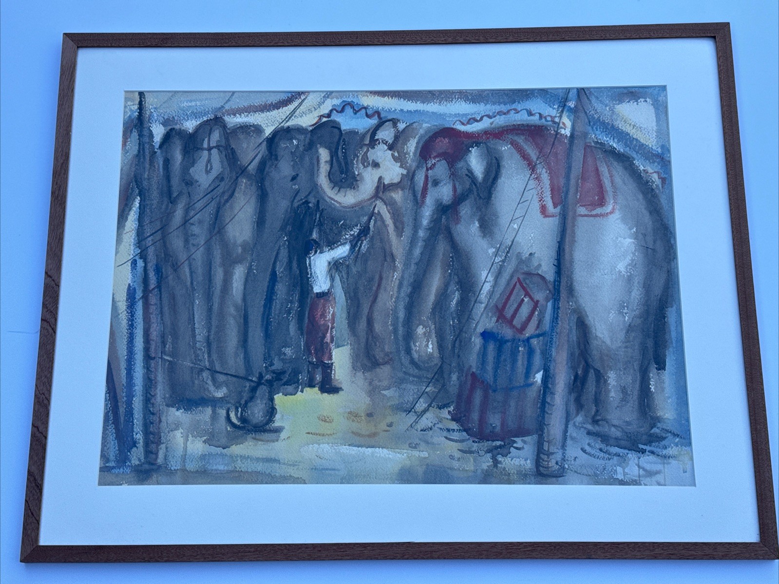 ANTIQUE CIRCUS PAINTING ELEPHANTS TRAINER WORKER NEW YORK WPA VINCENT SVOBODA