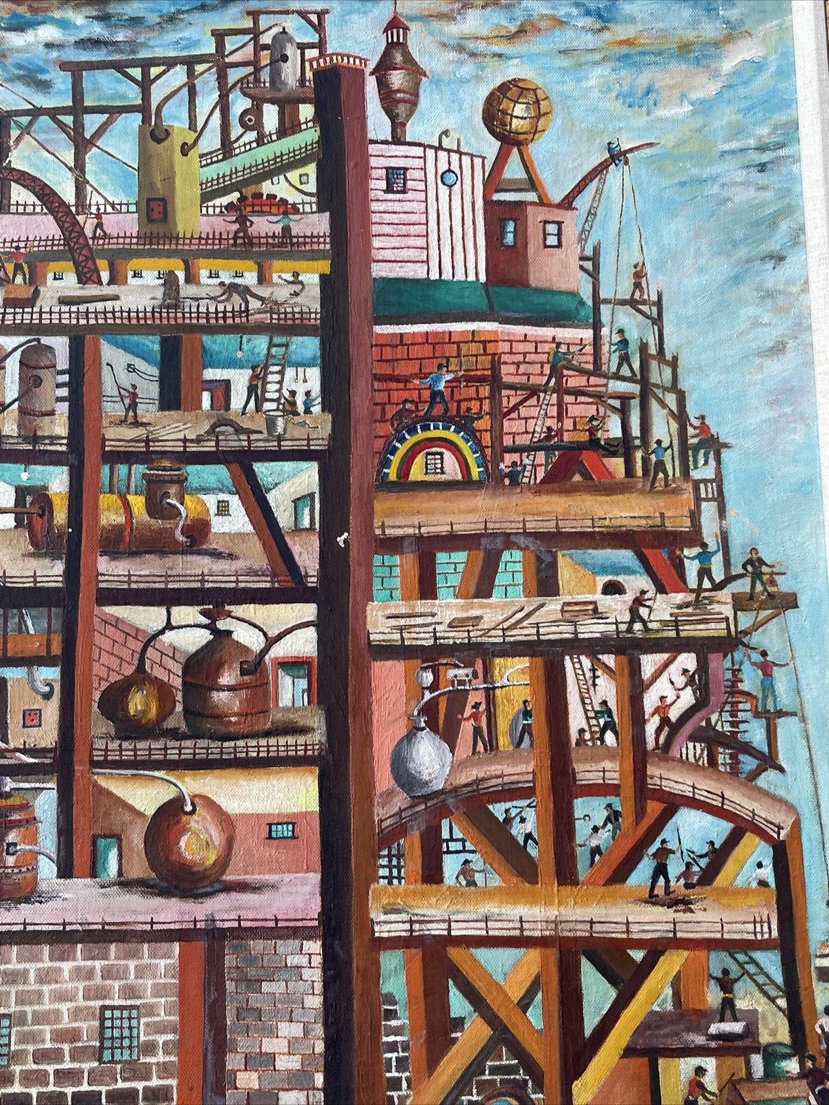Vintage Industrial Painting Construction Workers Factory Urban Modernism Listed