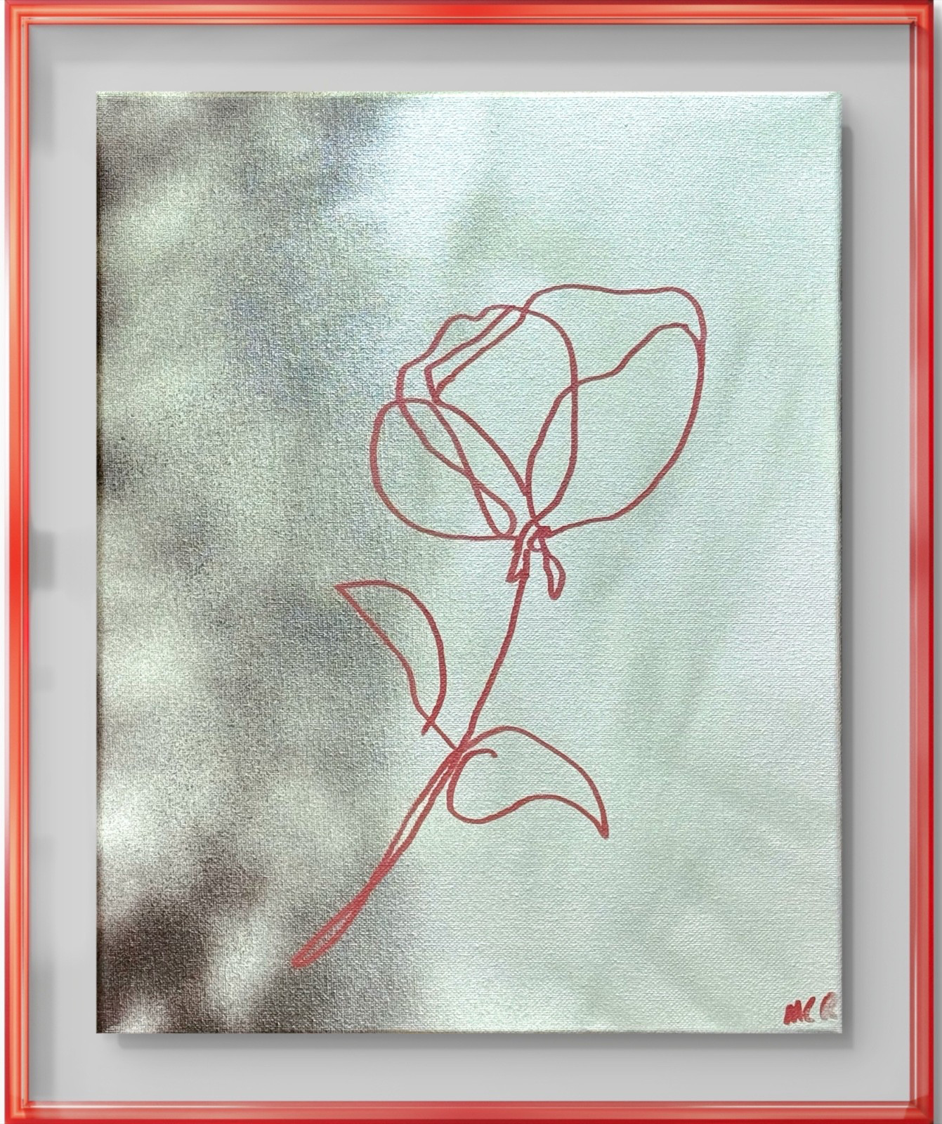 Single Rose Line Drawing Original Signed Mixed Media Art Painting 11×14 OOAK