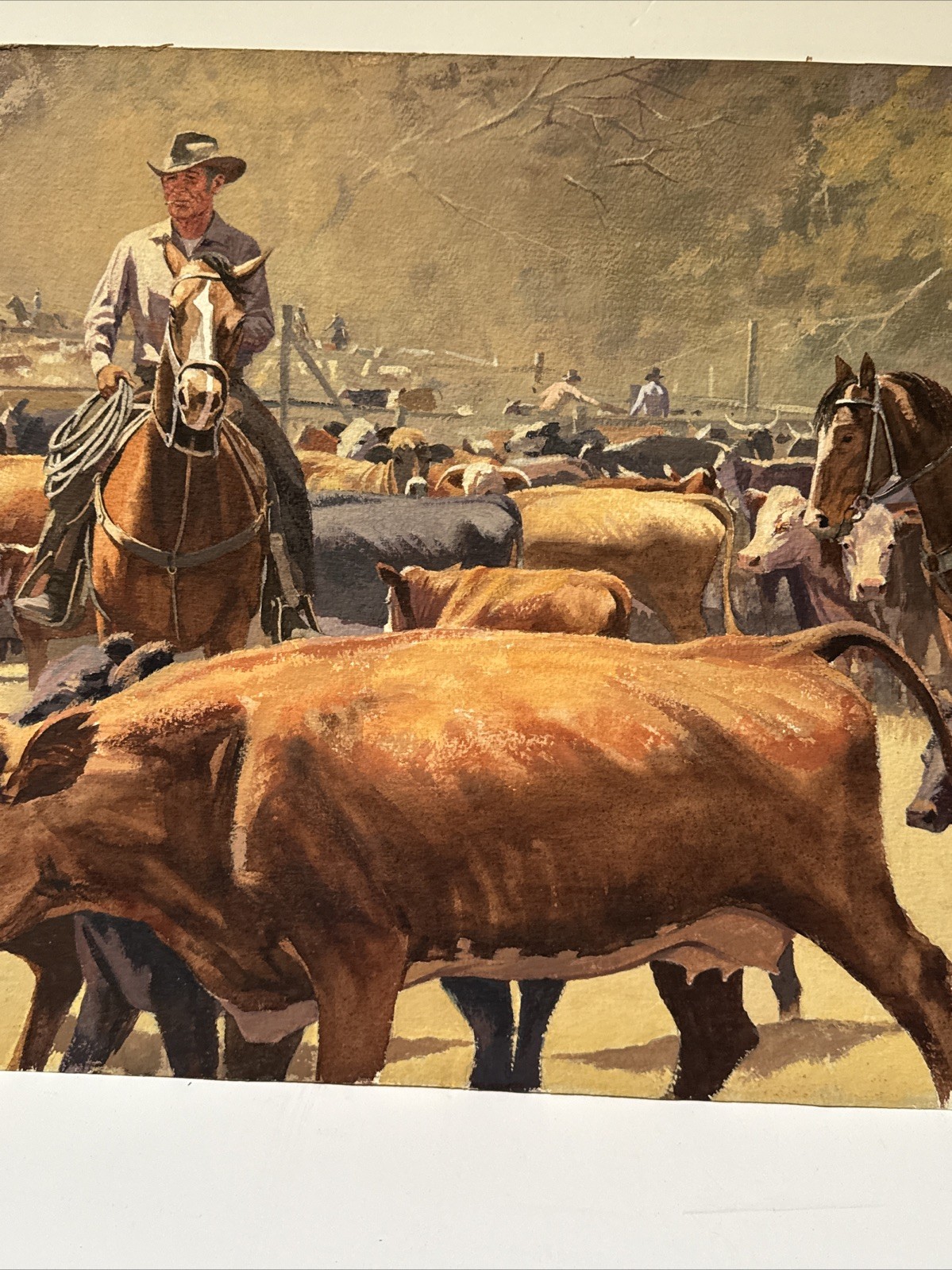 VINTAGE COWBOY PAINTING WESTERN RANCH COWBOYS FARM FARMING AMERICAN COWS