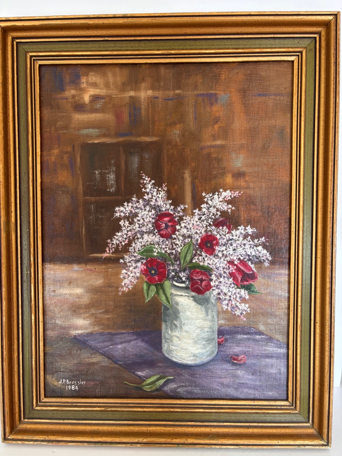 Vintage Lilac and Tulip Acrylic Oil Painting 19” by 15” Signed Framed