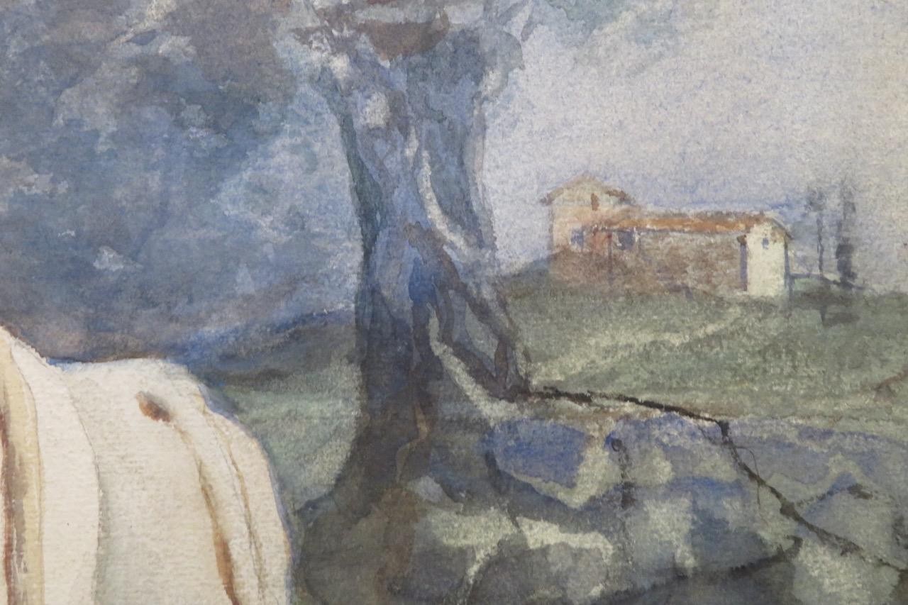 Quality Antique German / Austrian ? Watercolour «Peasant Woman With Oxen»