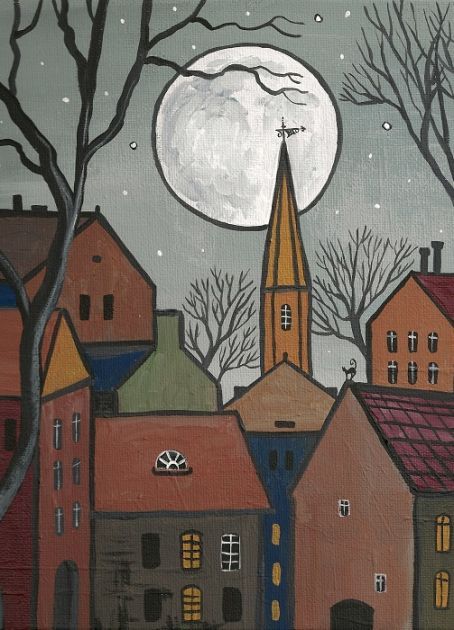 ACEO RYTA BLACK CAT MOON HOUSE HALLOWEEN VINTAGE STYLE folk art landscape moon