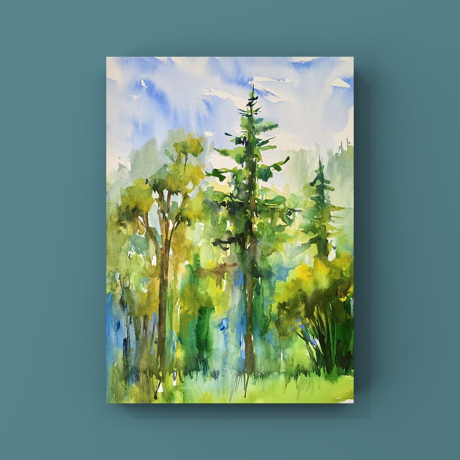 Original watercolor picture 30×40 cm, forest, mountains landscape mural gift idea