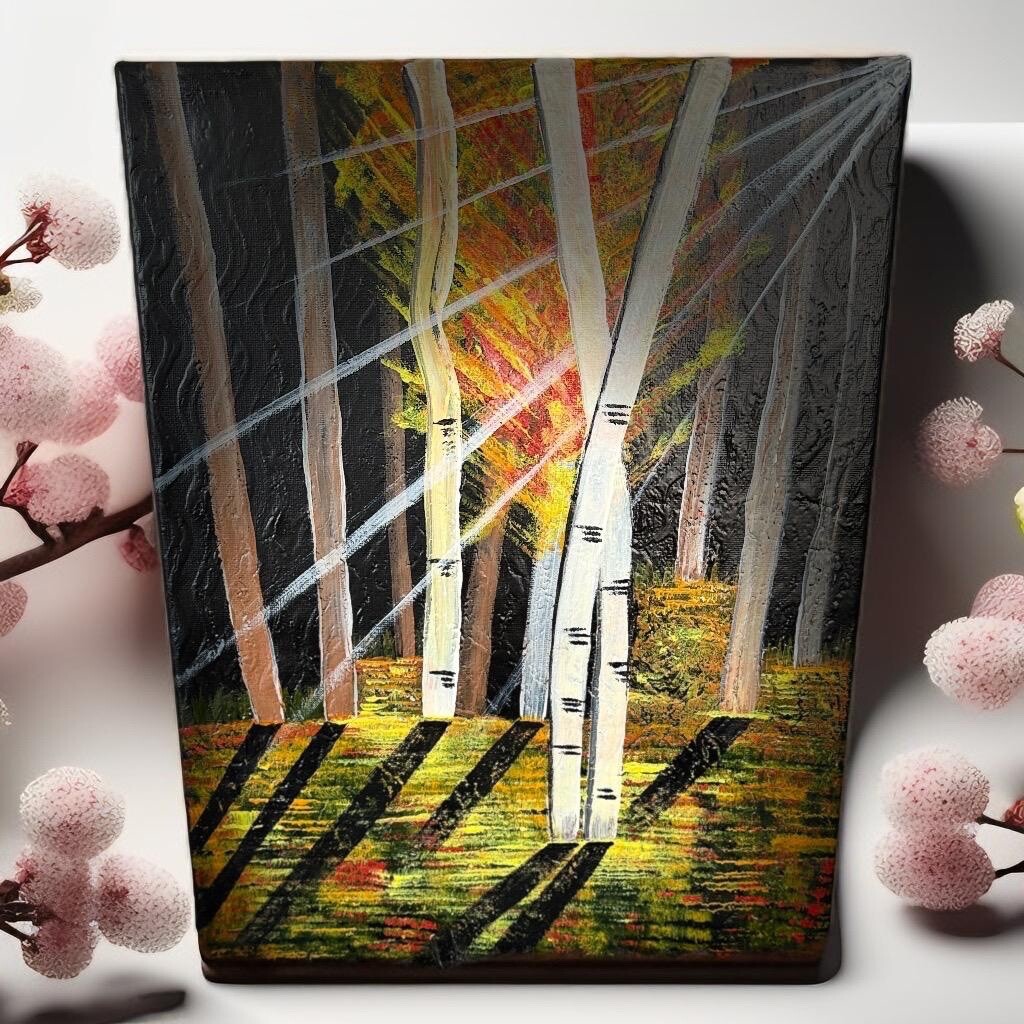 Forest Illumination: Sunbeams Through Birch Trees