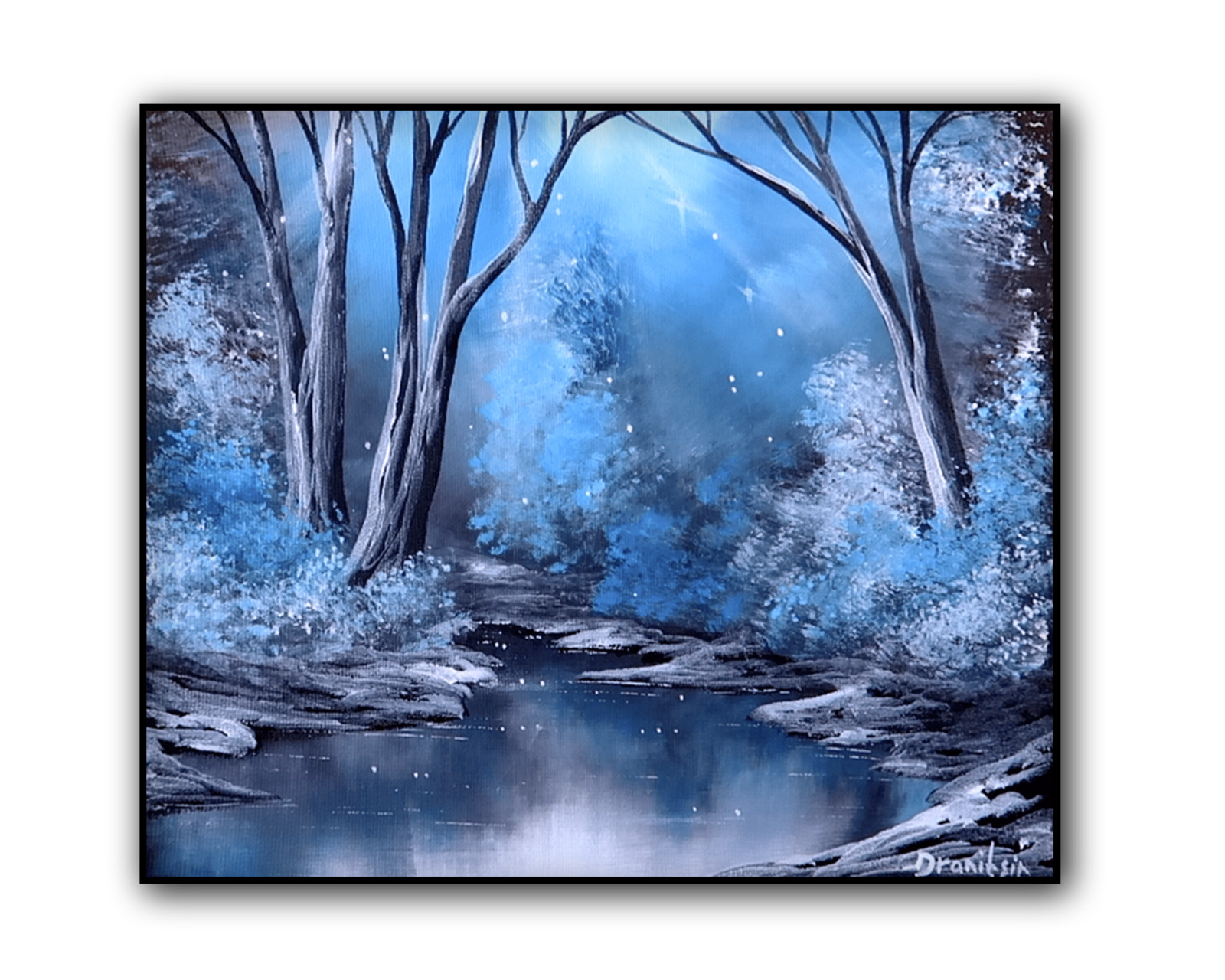 Original Acrylic Landscape Painting 12×14″ BLUE MISTY LANDSCAPE Wall Art
