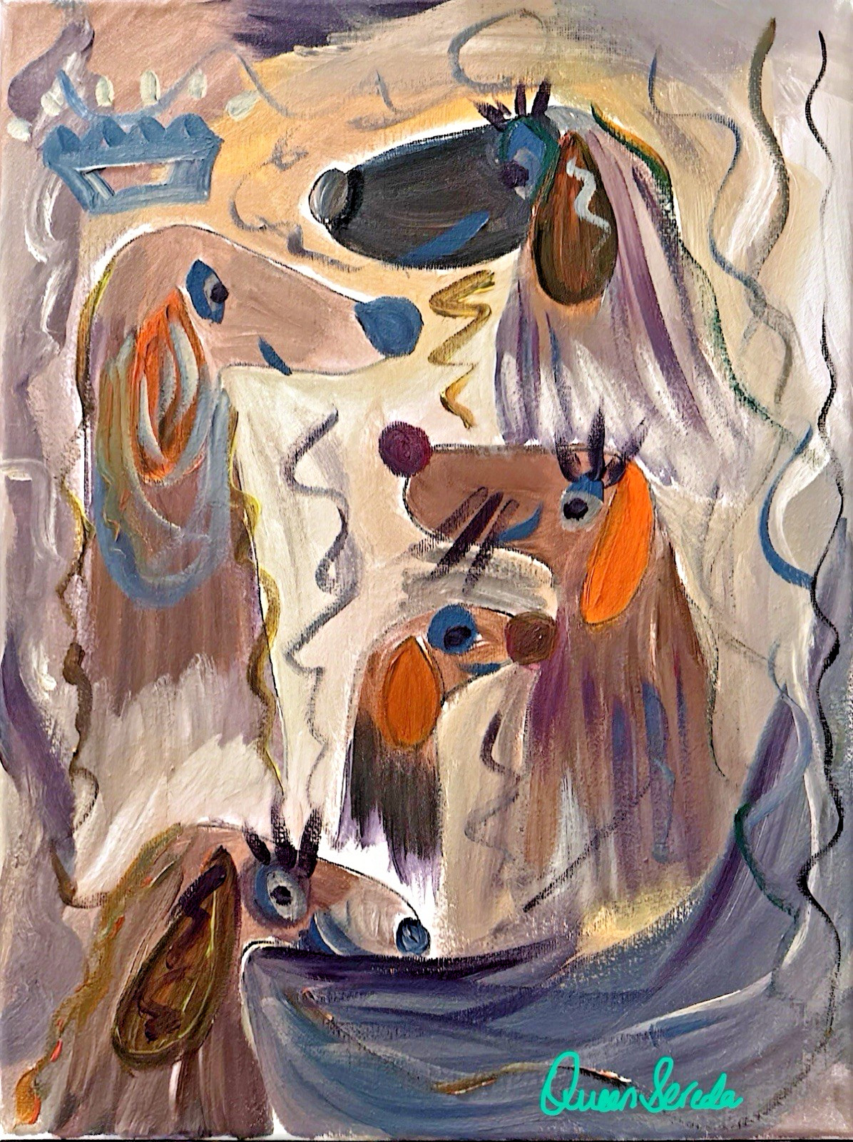 whimsical pet animal dog 5 puppy party 11X14 original painting home art design