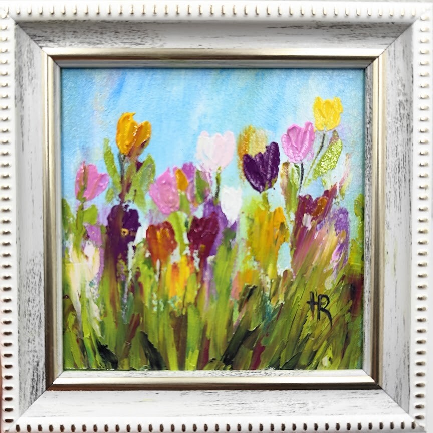 Original framed oil painting cute flowers Spring Tulips Impasto flowers