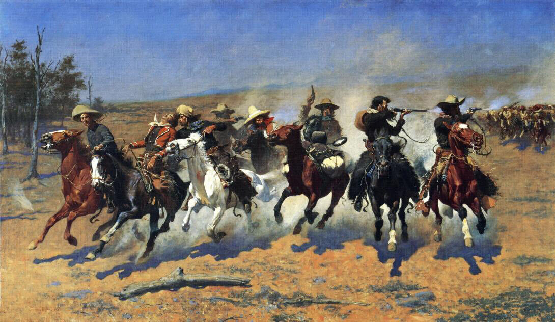 Oil painting Frederic-Remington-A-Dash-for-the-Timber cowboy cavalry horses art