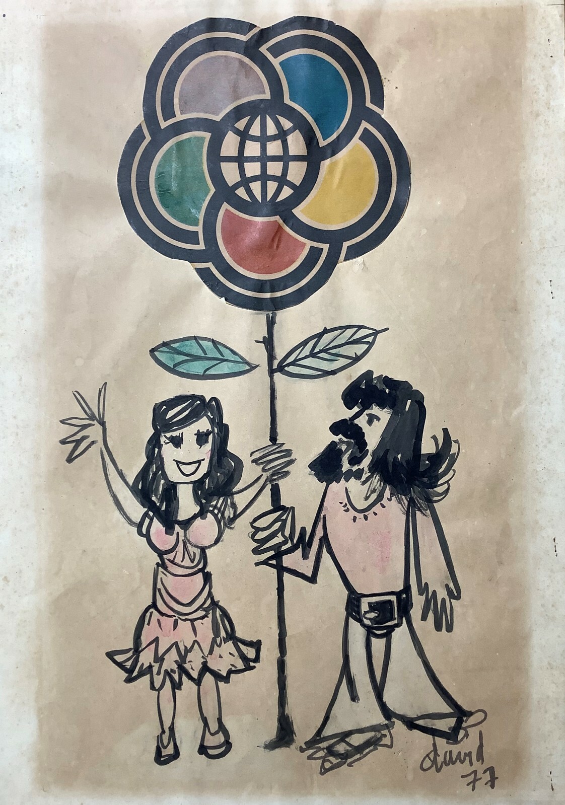 Juan David. Painting. Festival, 1977. Original signed. Mixed media on cardboard.