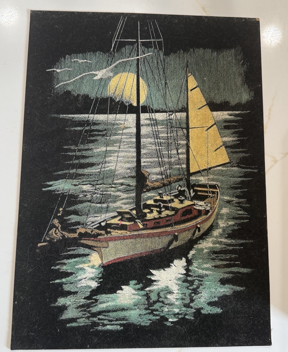 Vintage SAILBOAT Painting Velvet Board Seagull Moon Sailing Ocean Nautical 13×10