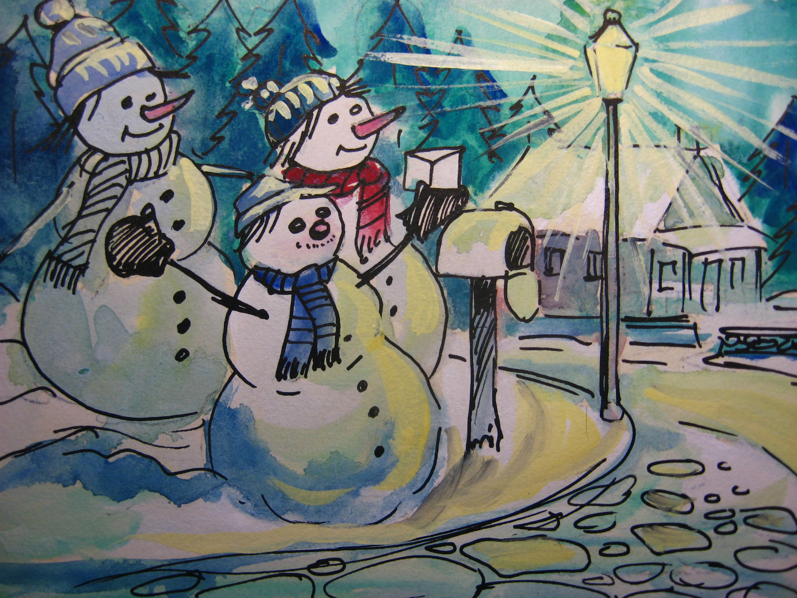Painting Snowmans 5.5″ x 7.5″ watercolor and acrylic USA free shipping