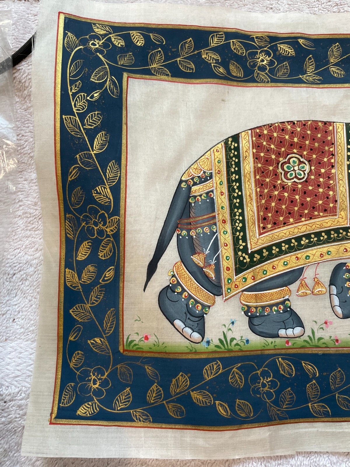 Vintage Hand Painted Asian Trunk Up Elephant on Silk Fabric Framed 10″ x 14″