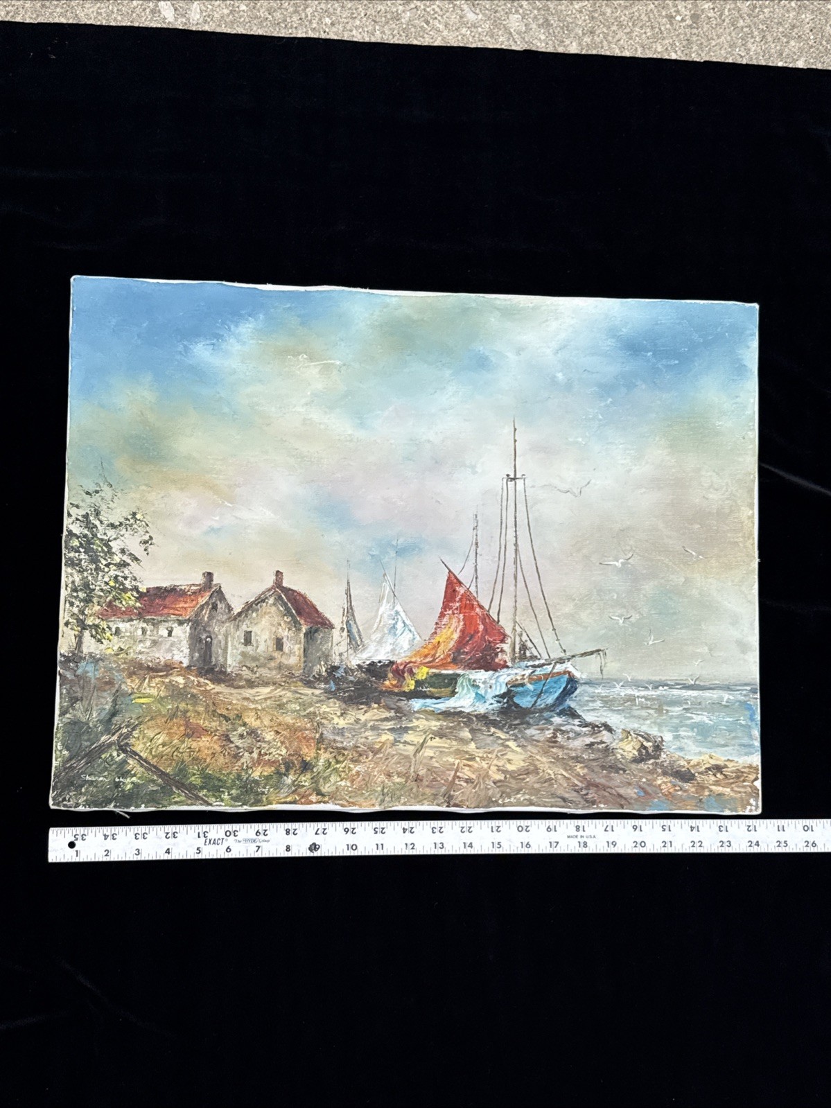 Vintage Coastal Nautical Oil Painting – Harbor Sailboats Signed S. Shannon 24×18