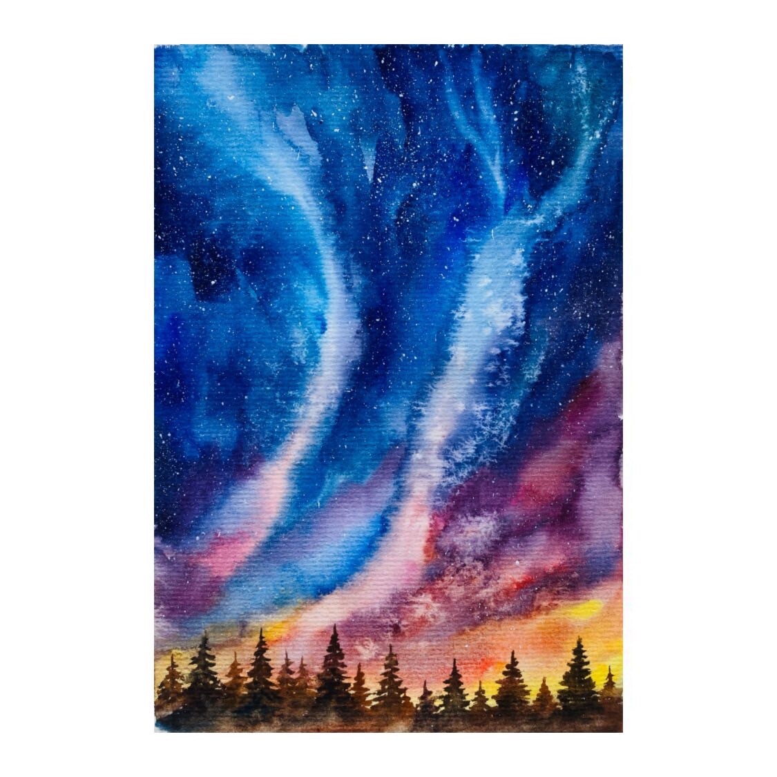 Original watercolor Art Aurora Borealis Painting Northern Lights Art Night Sky