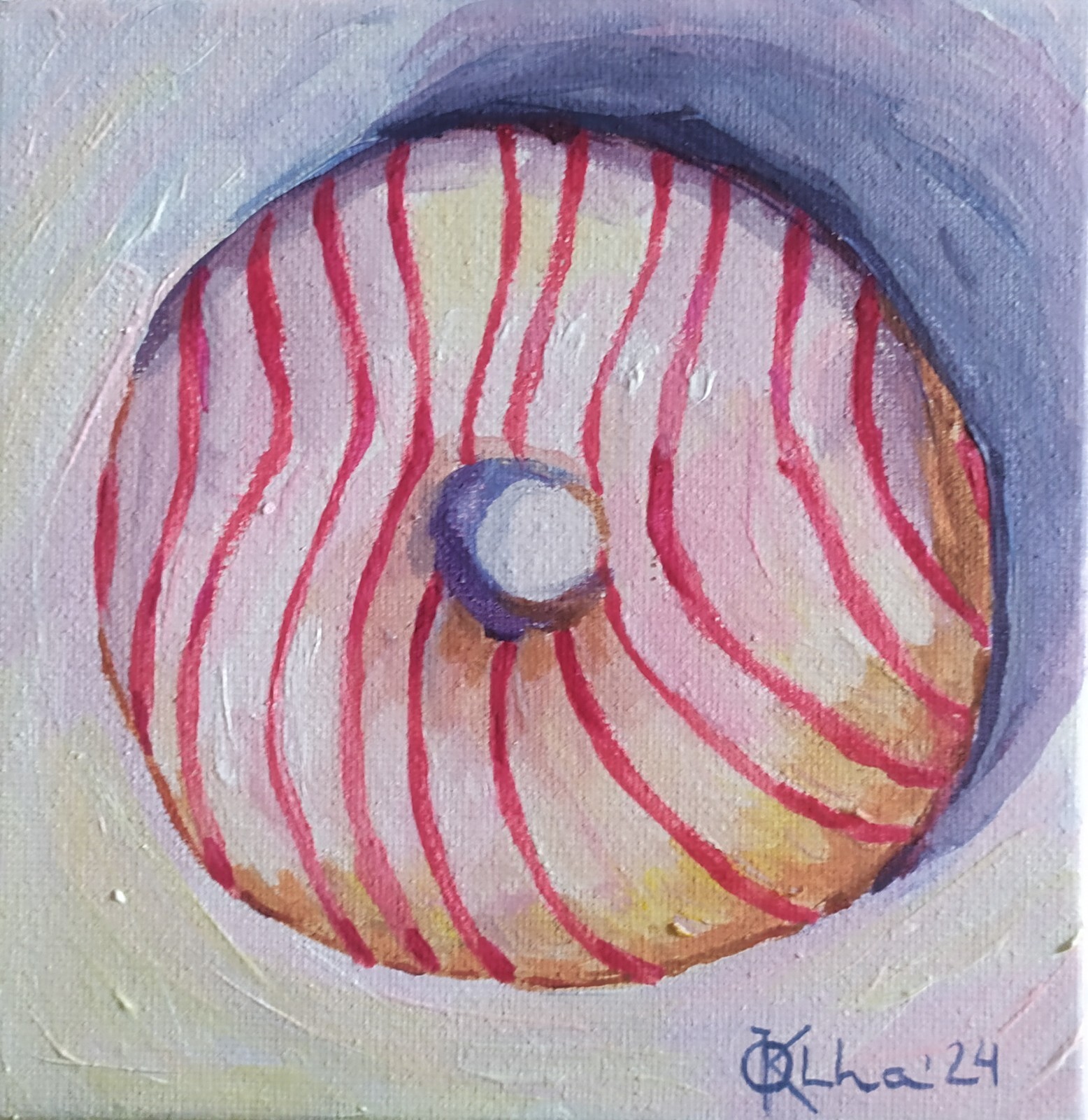 acrylic painting on canvas hand painted art with a white donut with pink stripes