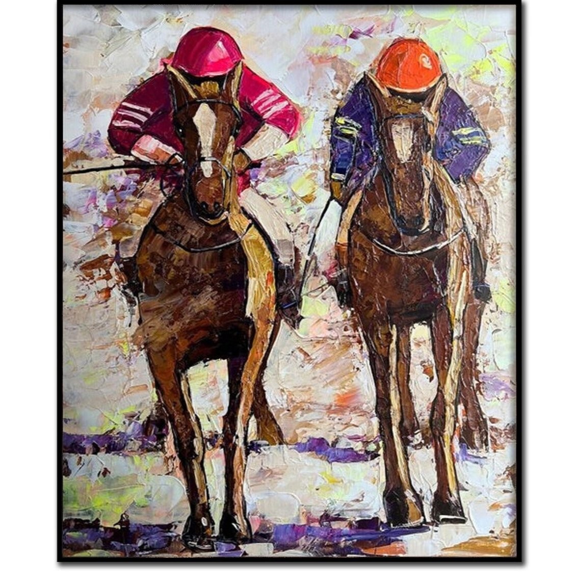 Horse Racing Wall Art Jockeys Polo Players Abstract Animal Painting 36″x24″