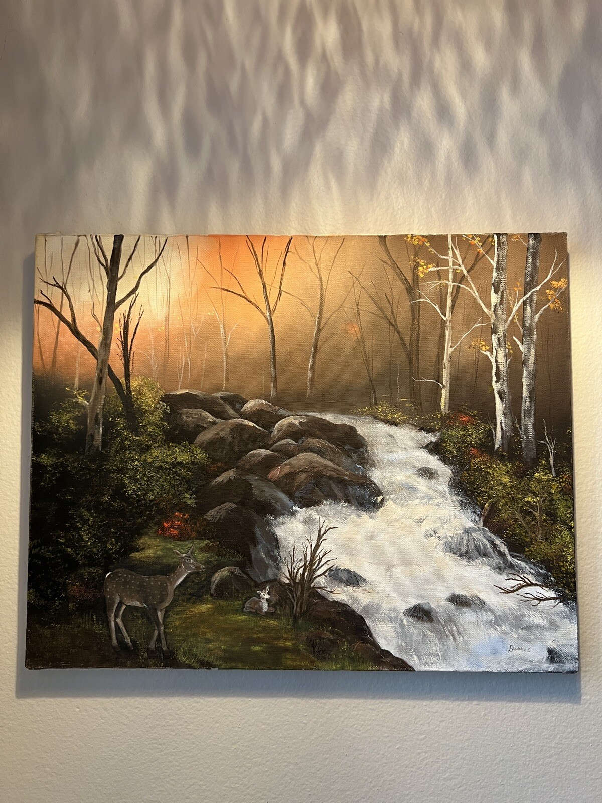 Oil Painting Mom And Baby Deer In The Little Stream Of The Forest Signed
