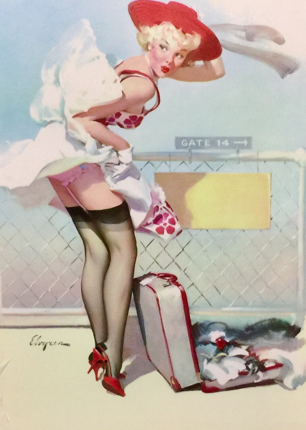 DORIS DAY Pinup Elvgren Original Painting UPSKIRT Pin-Up Stockings AIRPORT 1 of2