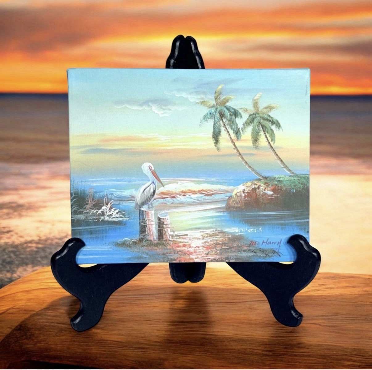 M Harry Signed Orig Oil Painting Pelican Tropical Sunset Coastal Seascape 8×10
