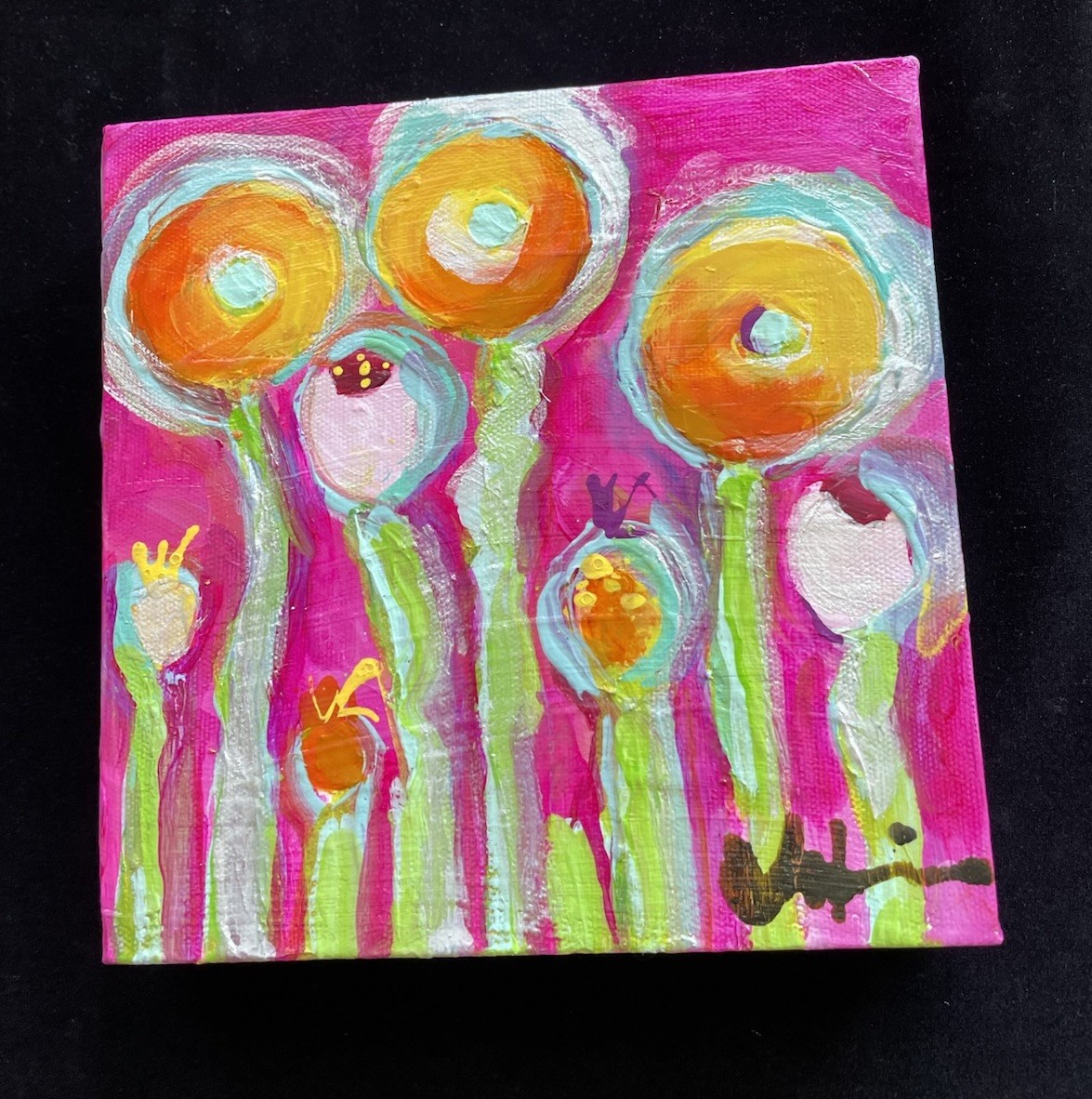 Poppies On Fuscia “ AnOriginal Acrylic Painting 8”x8”x1.5”On Canvas.