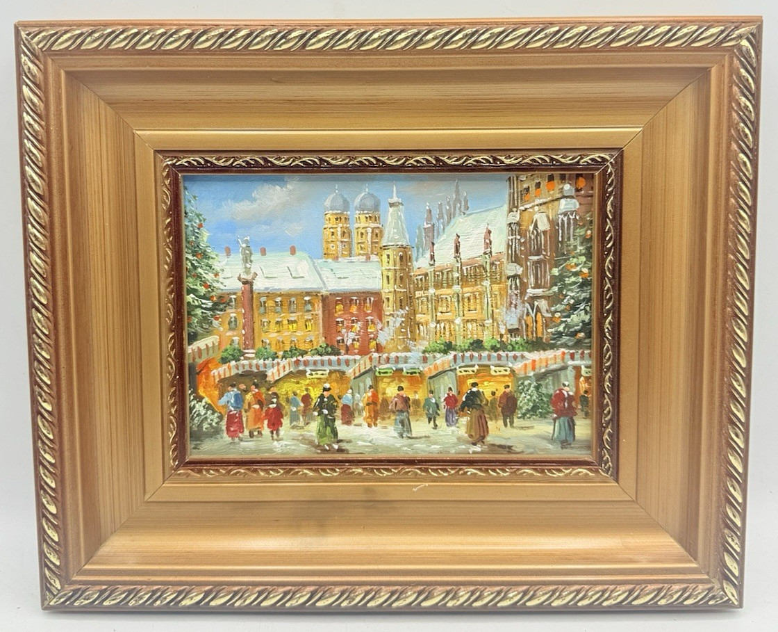 Hand-Painted Oil Painting MUNICH CHRISTMAS MARKET 11.25″ x 9.25″ Unsigned *NICE*