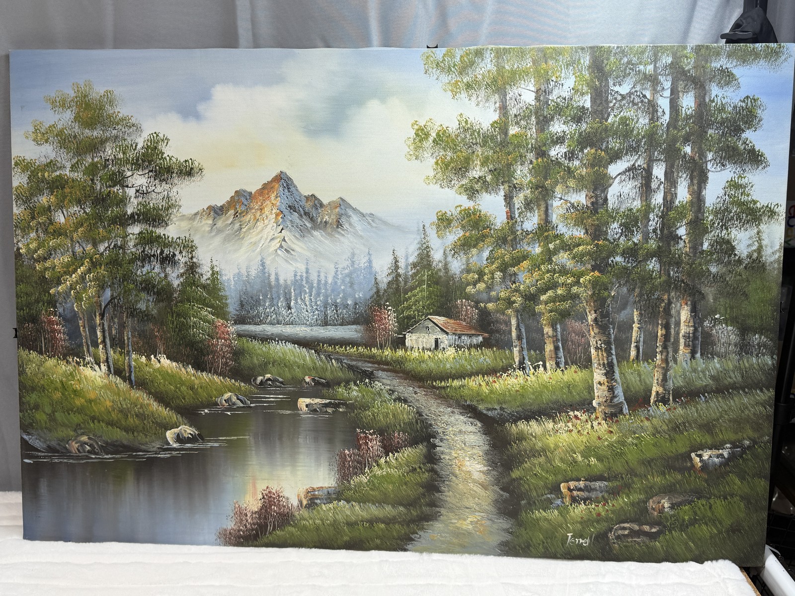 Vintage Terrel Mountain Landscape Oil Painting Trees Cabin River Signed Large