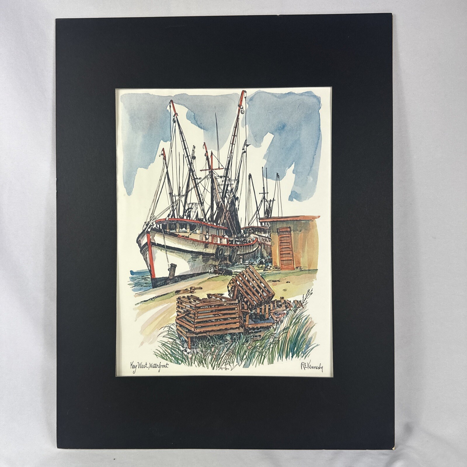 RE Kennedy 1975 Key West Waterfront 14×16 Framed Lithograph Watercolor Print