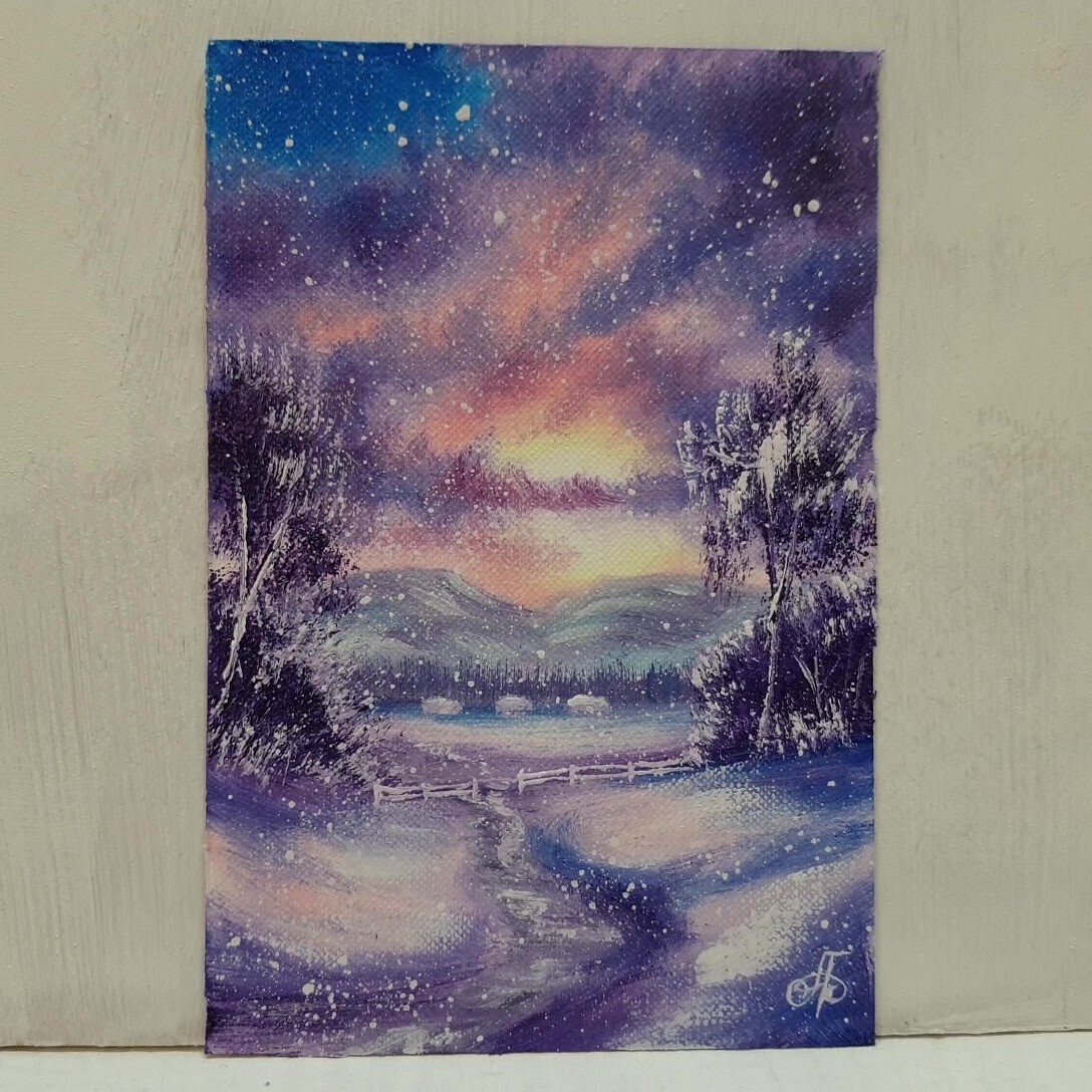 Winter Sunset Snowfall Landscape Cabins Mountains Path Holiday Decor Wall Art