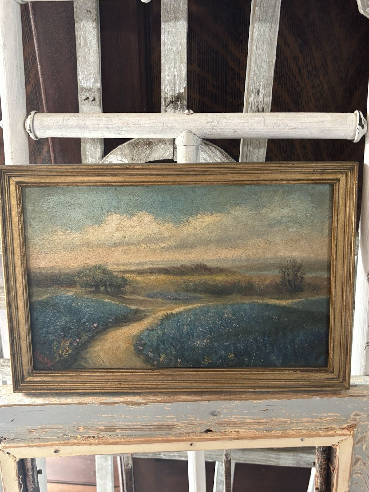 Impressionist Framed Landscape Path Field Trees Sky Painting on board