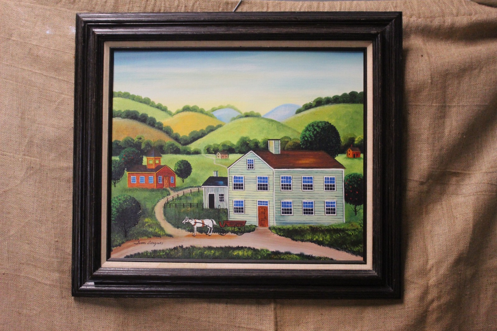 Original Oil Painting Country House Folk Art Jonas Bradford Listed Amish Artist