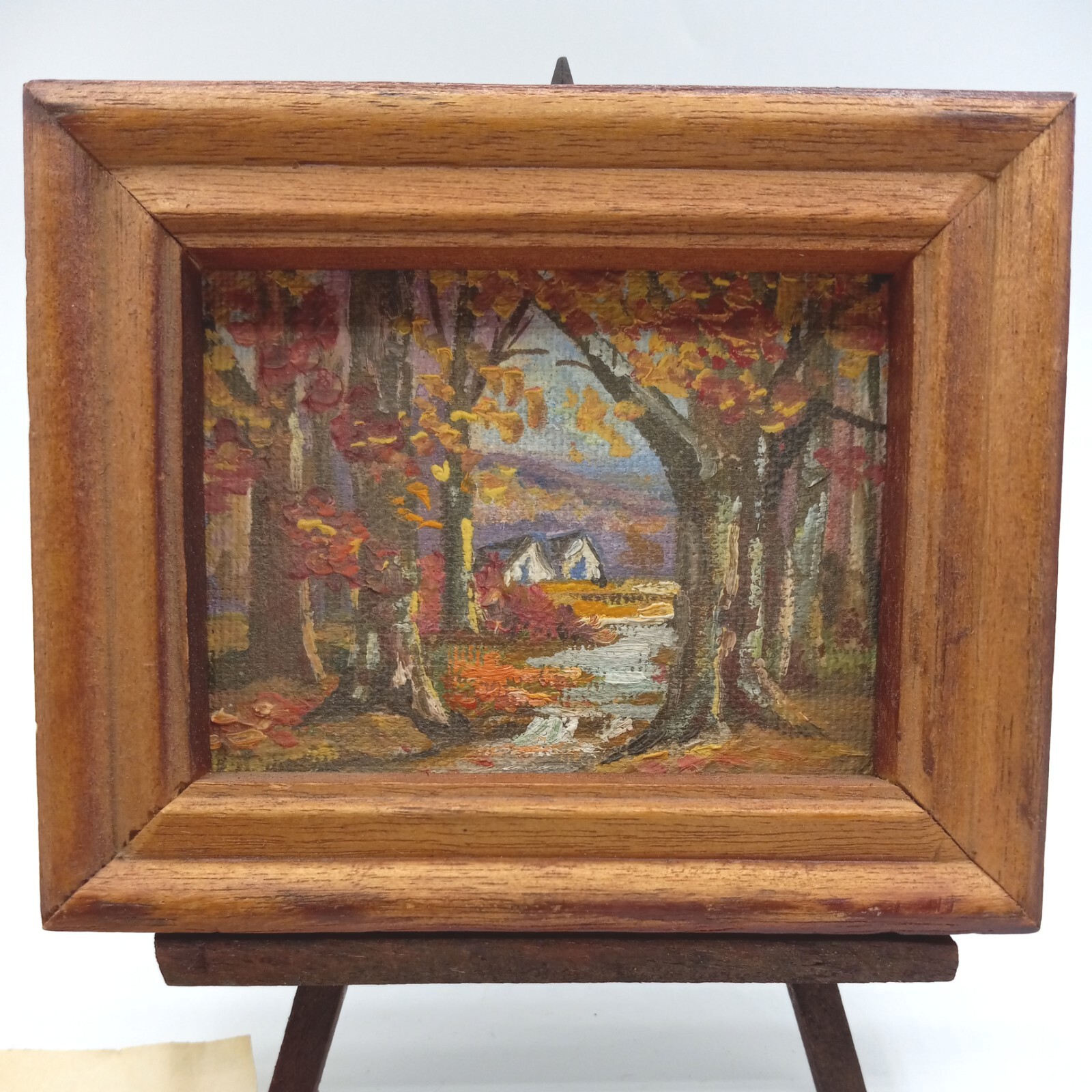 Vintage Miniature Painting On Canvas Framed Wooden Stand House Trees Autumn
