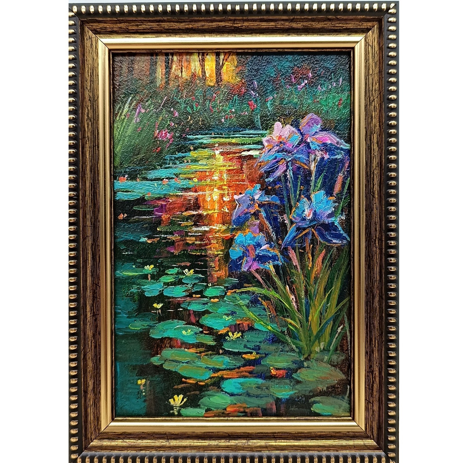 Iris Lake Original Oil Painting 6×4 Framed Signed Sunset Flowers Landscape Art
