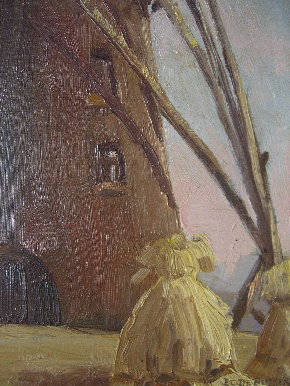 Signed Eg. De Buyser Landscape with Windmill Hay Bales Limburg Belgium