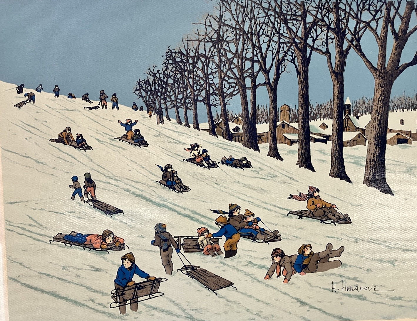 H Hargrove 12×16 Canvas Winter Children Sledding Snow Field Town Church Downhill