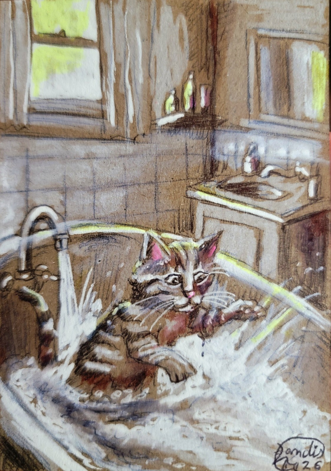 Jacob Landis HANDMADE ORIGINAL Whimsy ACEO Sketch Kitten «Sleeping Together»