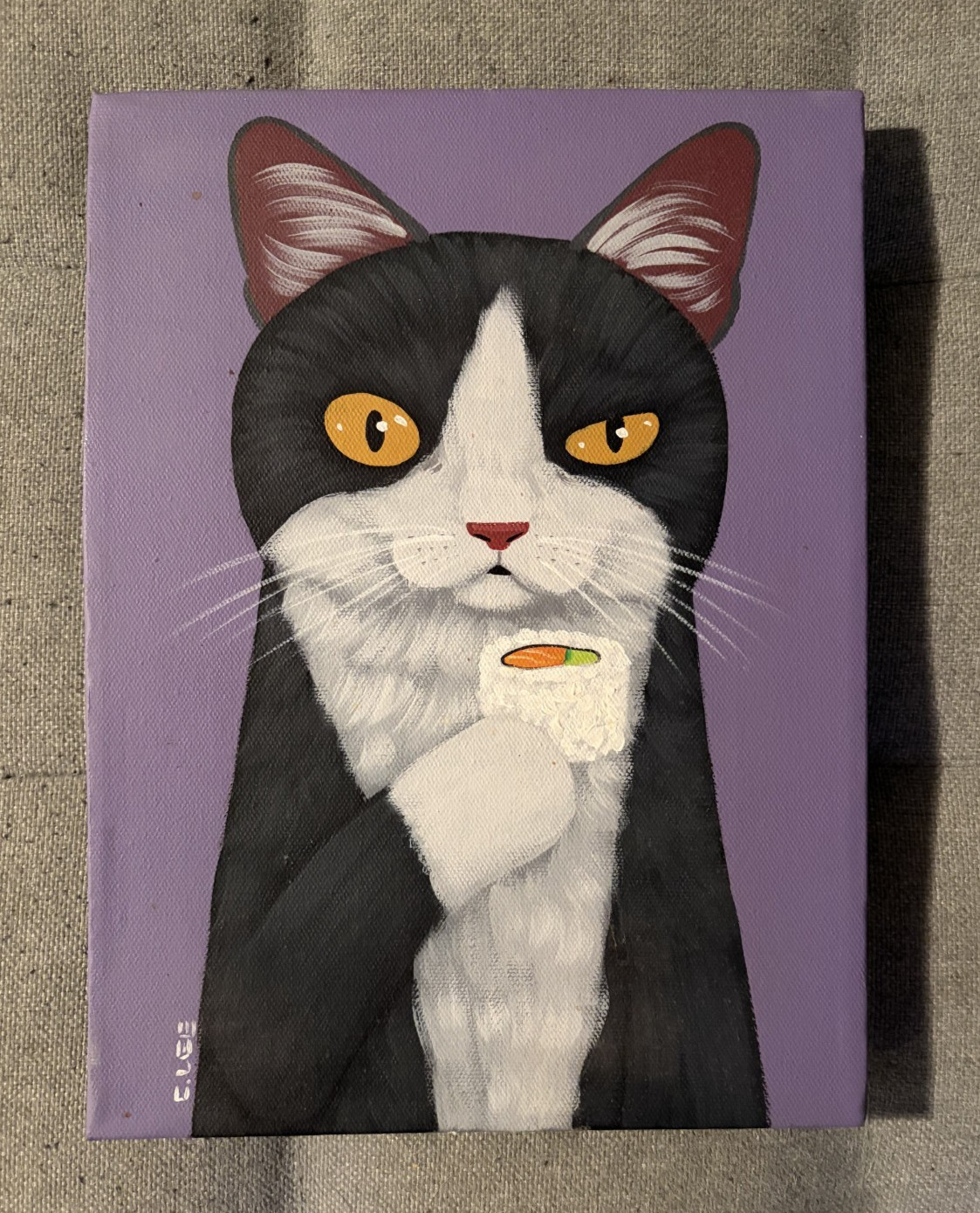 Tuxedo Cat Sushi Acrylic Painting – Cary Chun Lee NOLA Artist c 2011 9×12 Canvas
