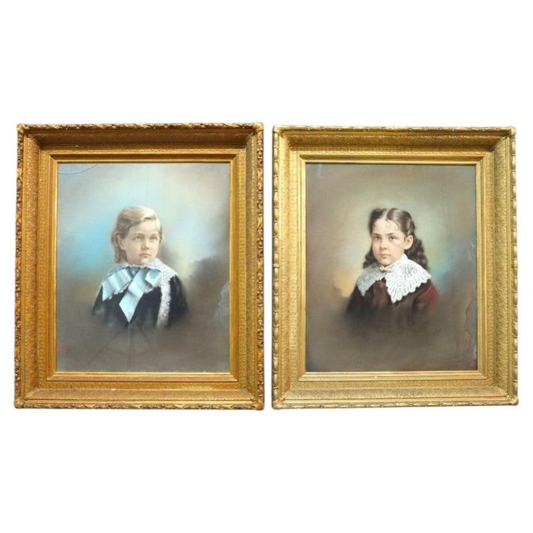 Pair Victorian Watercolor Portraits, Sister & Brother, Original Frames, c1890
