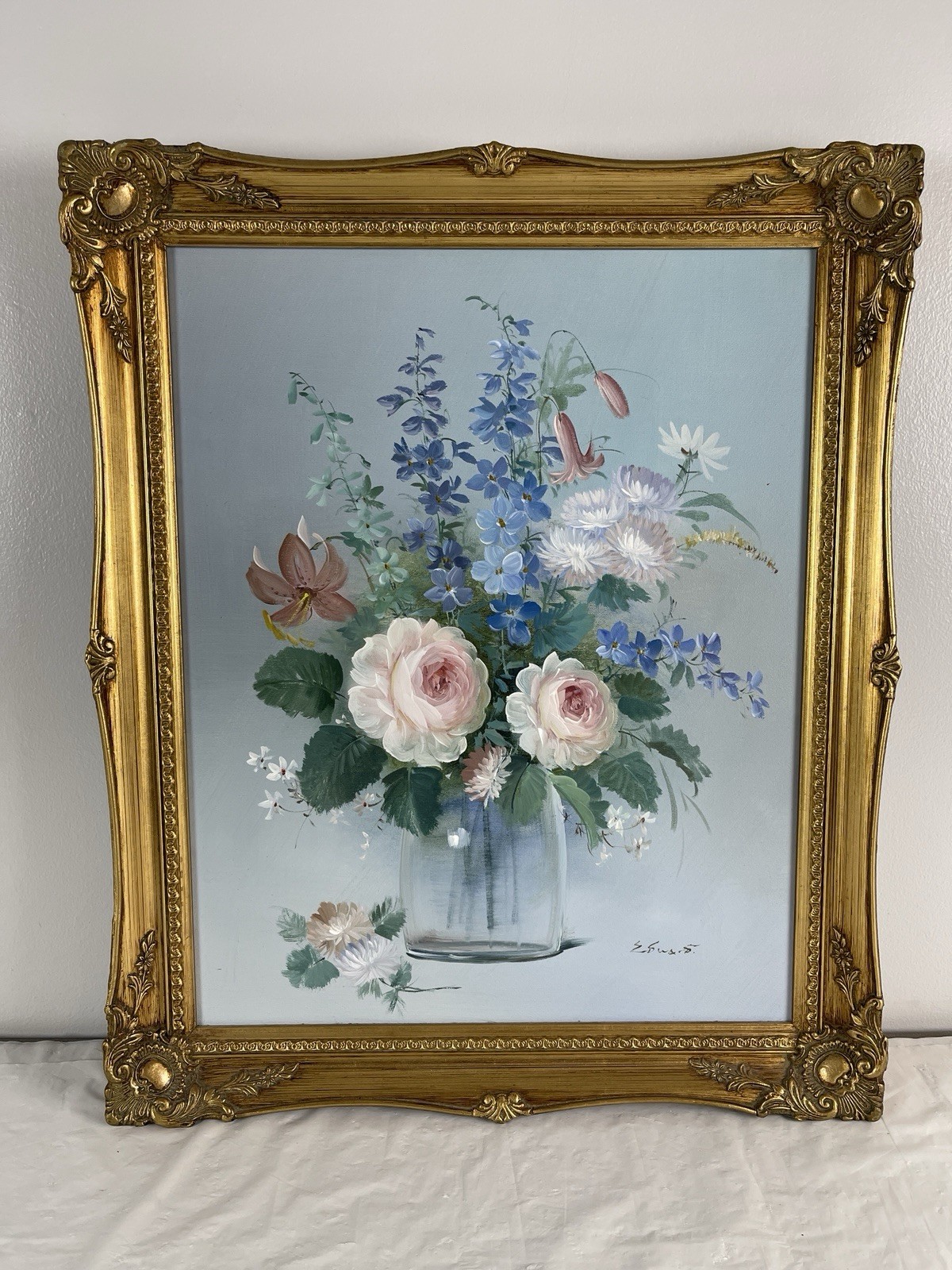Framed Oil Painting Floral Vase Decor Gold Frame Hollywood Regency Edward