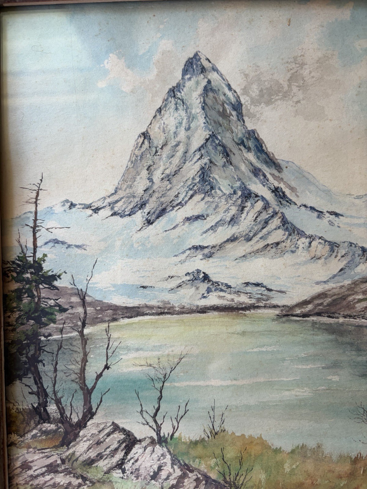 Vintage Mountain Lake Rustic Original Watercolor Painting Signed Knapp