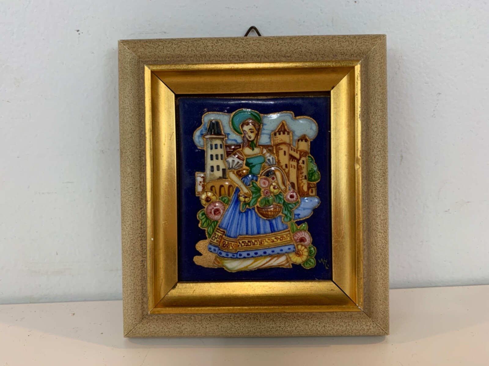 Vintage Framed Painted Enamel Flower Girl Plaque Art with Artist Initials