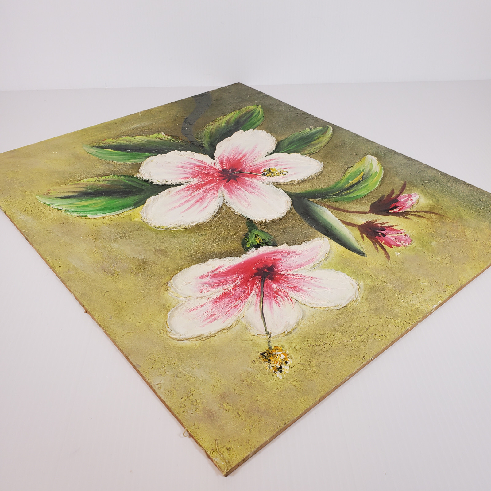 Tropical Flower Thick Spatula Impasto 24×20 Vtg Canvas Painting Masonite Board