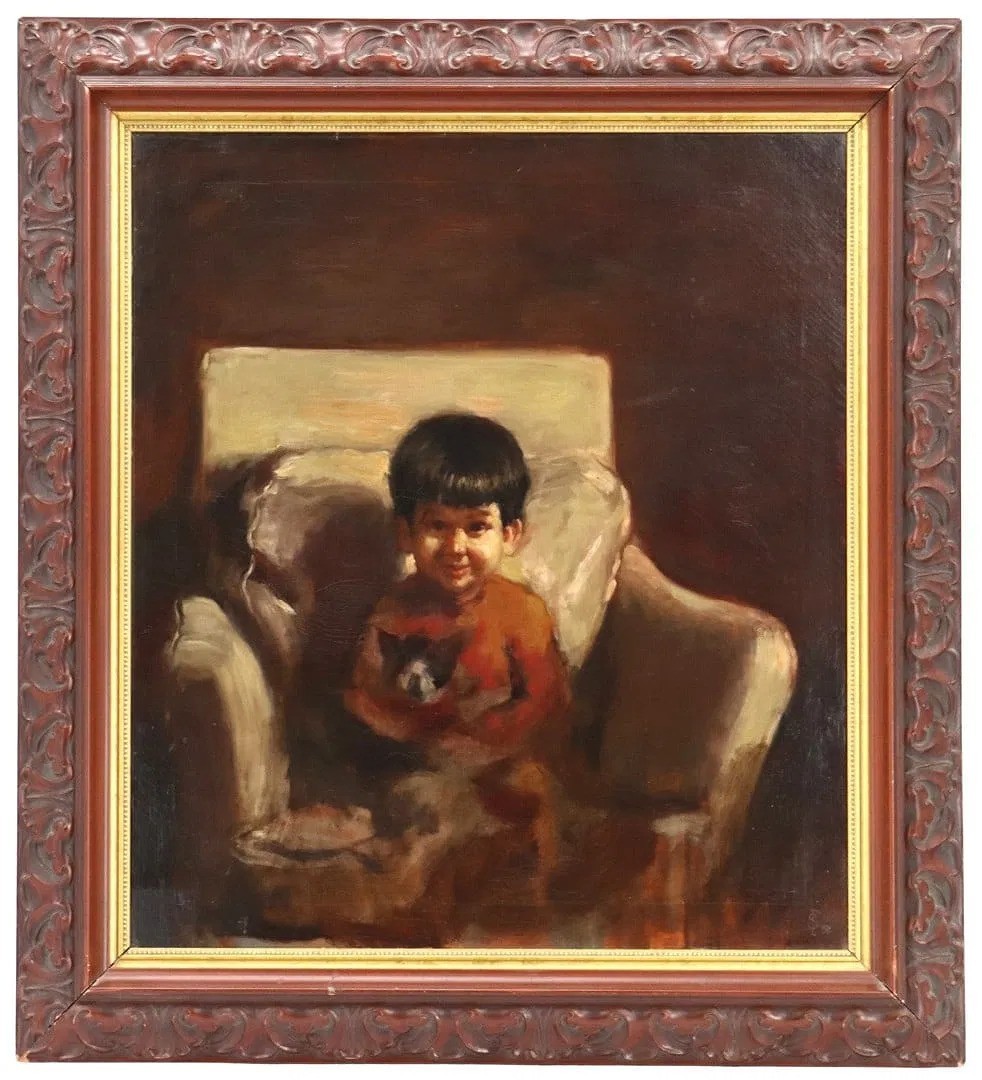 Shelly Fink (1925-2002) Original Oil ‘Boy with Dog’ 28″ X 31″ In MET & Brooklyn
