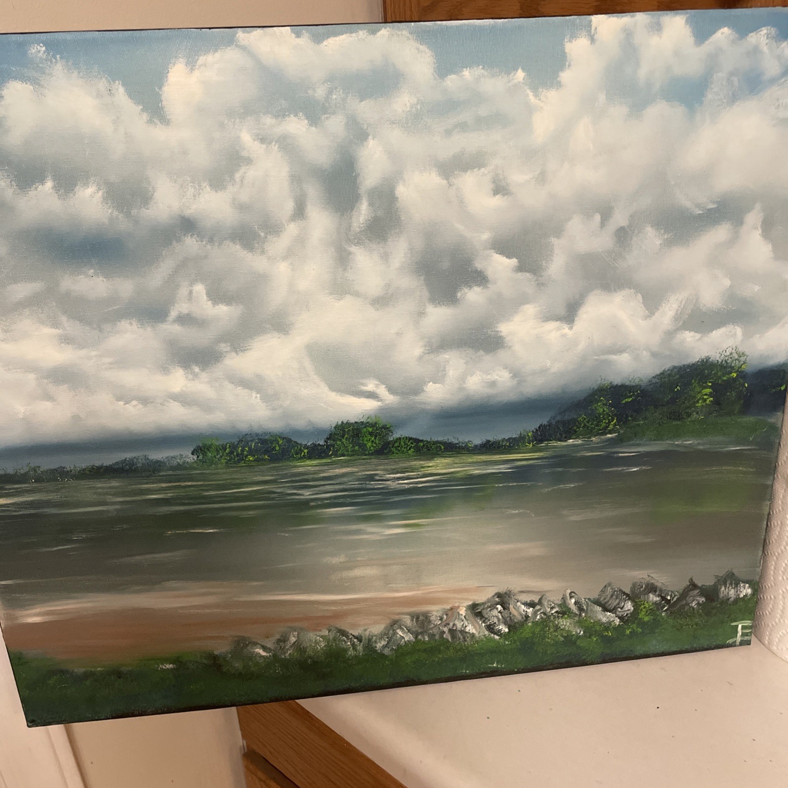 Oil Painting, impressionism, landscape, original, signed, Sky, blue clouds, Land