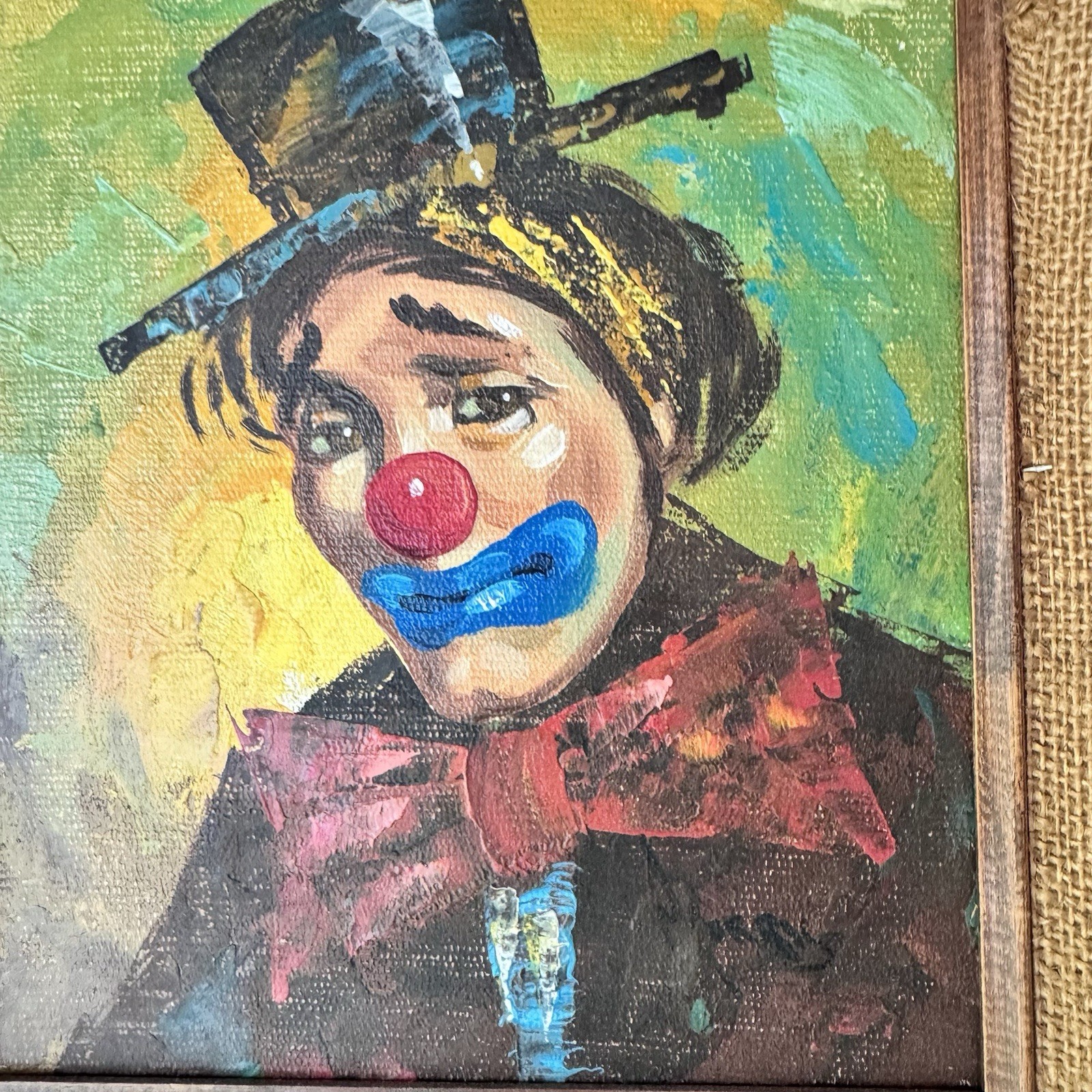 Vintage Framed Clown Painting Signed Wall Hanging Folk Art Mexico Colorful Sad