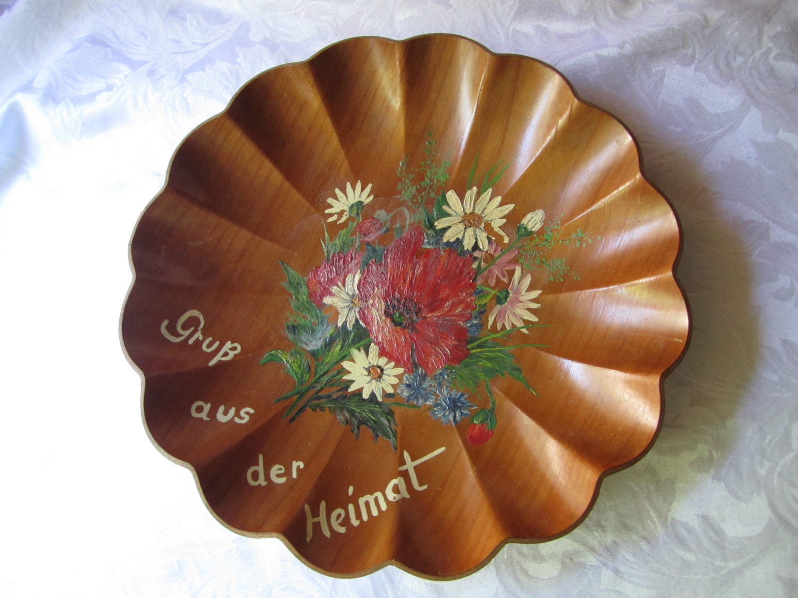 Vintage Flowers Poppies Daisies Painting Round Fluted Wood Bowl Heimat Germany